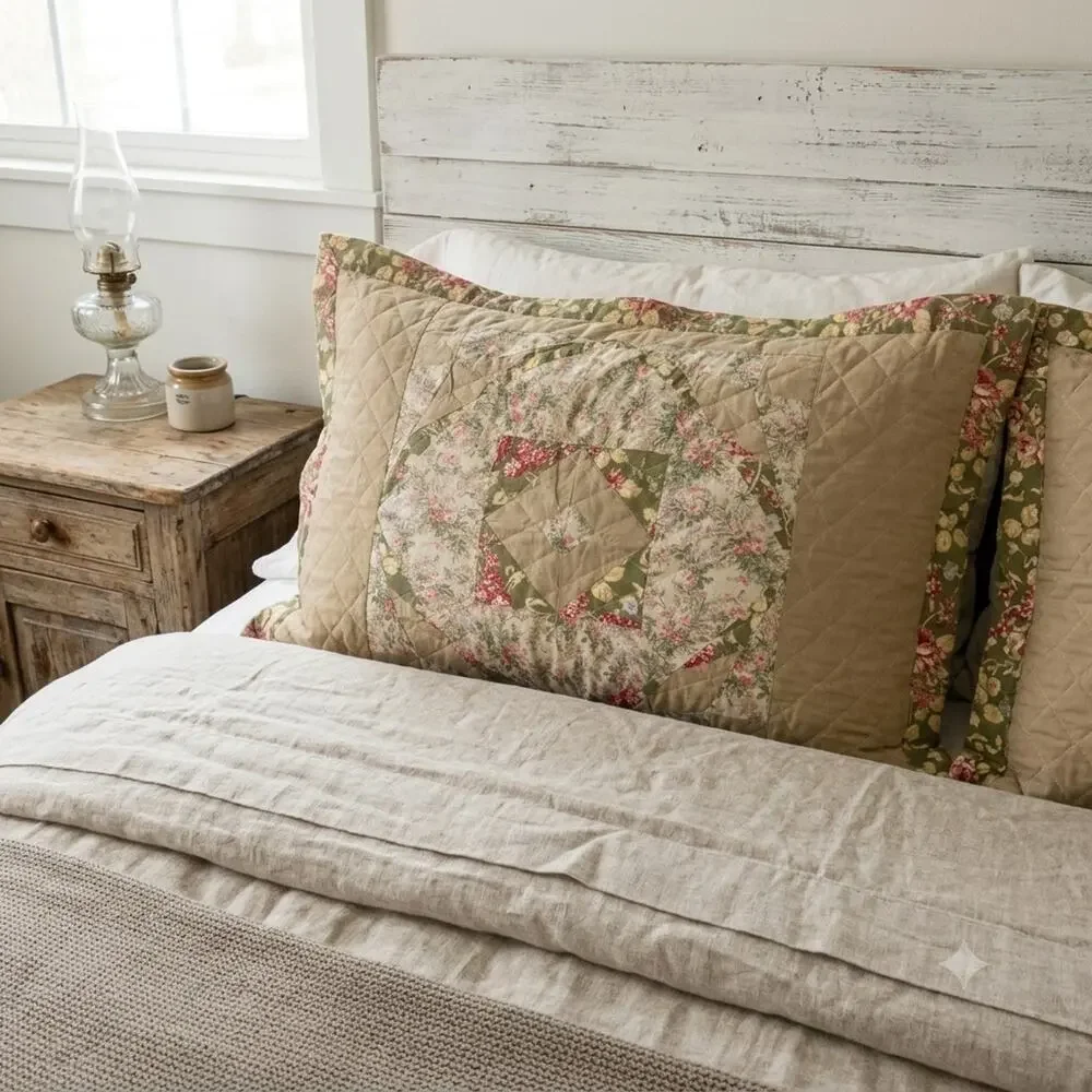 Patchwork Pillow Sham KING Quilted Floral Cottage Farmhouse Shabby Country 1pc